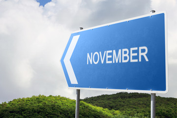 November. Blue traffic sign.
