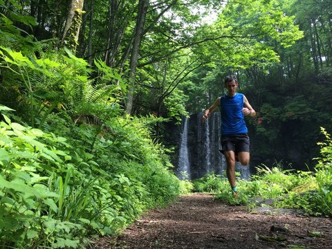Trail runner on woodland path