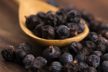 Juniper berries on a wooden background