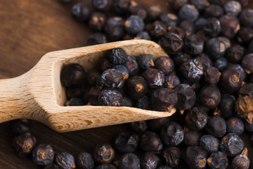 Juniper berries on a wooden background