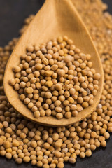 Spicy mustard seeds in a wooden background