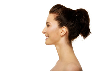 Beautiful toothy smiling woman with make up.