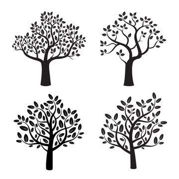 Set of black vector tree with leafs.