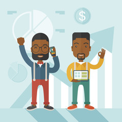 African businesmen with arms up high.