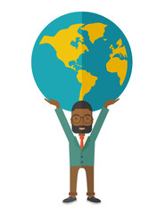 Black Businessman carrying big globe.