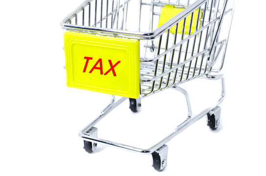 image concept cropped trolley with word tax isolated white background