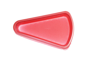 Empty red bakery plastic package on white background, top view