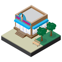 Isometric ice cream shop with bench and trees. Vector illustration for design of various applications.