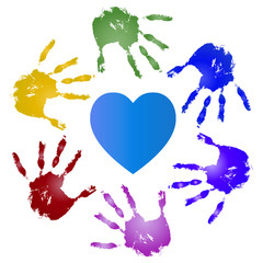 Conceptual children painted hand print and heart isolated