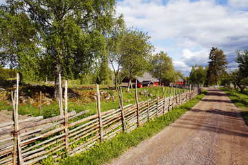Fototapeta premium old farm houses and wooden fences in a rural landscape, Sweden