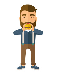 Man happy eating hamburger.