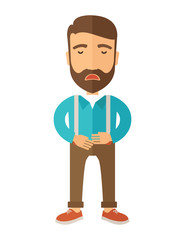 Man standing while holding his stomach has a abdominal pain.