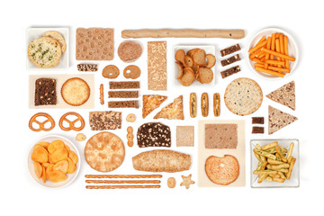 crackers and snacks on white background