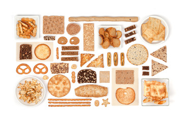 crackers and snacks on white background