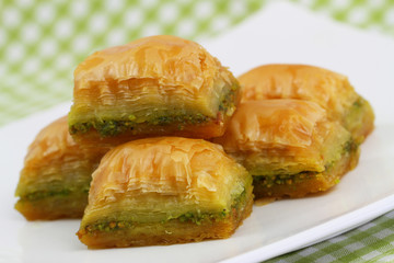 Pistachio baklava, closeup
