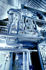 Fototapeta premium Industrial zone, Steel pipelines in blue tones
