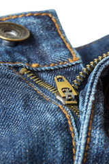 Close-up of open, unzipped and unbuttoned blue denim jeans