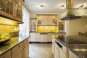 View of wooden cupboards in luxury kitchen