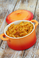 Polish bigos in saucepan
