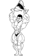 bodybuilder winner,illustration,ink,black and white,logo,outline,isolated on a white