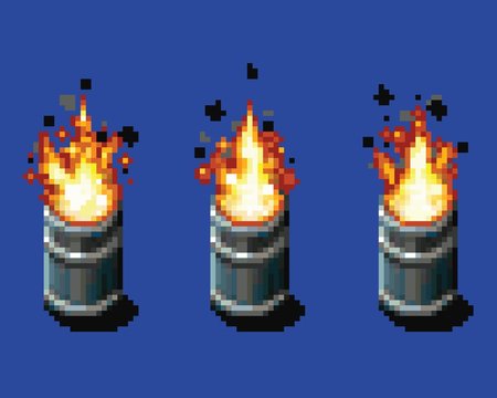 Fire in the barrel - animation frames video game asset pixel art vector layer illustration