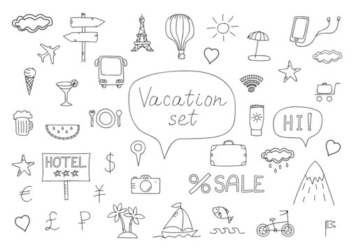 Vacation doodles .Handmade icons collection of travel.