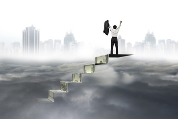 Man cheering on top of money stairs cityscape cloudscape