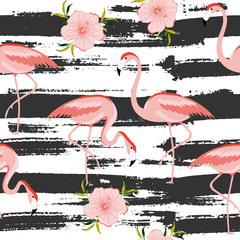 Fototapeta premium Seamless pattern with a pink flamingo. Vector illustration.