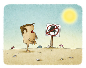 Naked man reads sign prohibited nudism