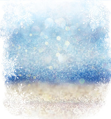 Fototapeta premium white and silver abstract bokeh lights. defocused background with snowflake overlay 