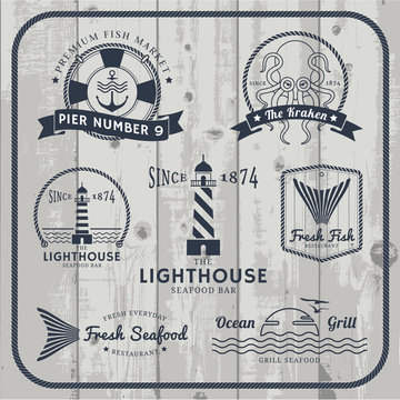 Nautical and seafood labels set