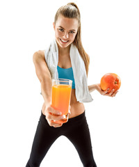 Young smiling woman with fresh juice and grapefruit, health and beauty care concept / photo set of cheerful brunette girl with healthy dietary eco organic food over white background