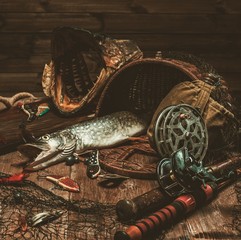 Fishing tools and fresh pike on a wooden table