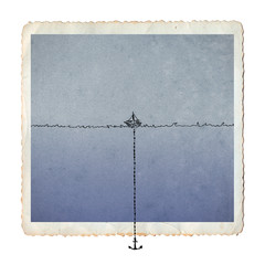 Anchored sailboat floating peacefully, artistic ink drawing illustration on paper texture, vintage sea card isolated on white, conceptual illustration. - 85090977