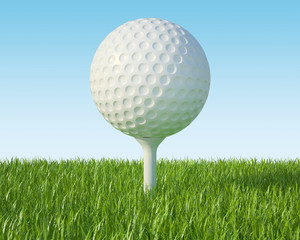 Golf ball on the green lawn, the grass with blue sky.