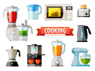 cooking icons. set of elements - food processor, microwave