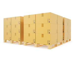 Warehouse concept of stacked cardboard boxes on wooden pallets