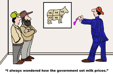 Cartoon of businessmen farmers watching as government worker randomly sets milk price.