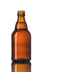 Glass bottle of beer on a white background.