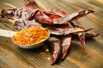 Dry chili on wooden background,food seasoning