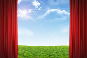 Curtains and landscape under blue sky 