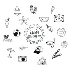 Set of 19 vector hand drawn summer icons isolated on white background 