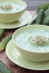 Closeup of a bowl of cold cucumber and dill soup.