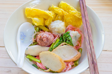 Noodles with meat ball and red sauce or yong tau foo,Thai Noodle