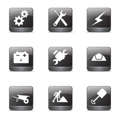 Construction Tools Square Vector Black Button Icon Design Set