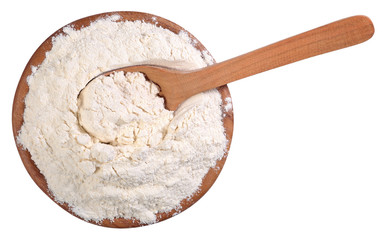 Fototapeta na wymiar Top view of white flour in a wooden bowl with spoon on a white