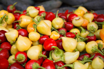 Red and white pepper on farmers market/Fresh raw vegetable selling on retail place
