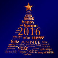 2016 new year multilingual text word cloud greeting card in the shape of a christmas tree