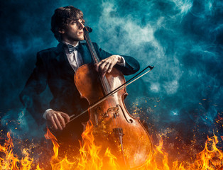 cellist in the fire and smoke