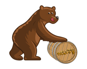 Funny cartoon bear with a big barrel of honey on white background